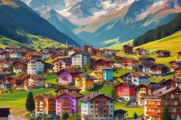 A origem mágica das casas coloridas vistas da janela entre Chur e St. Moritz  